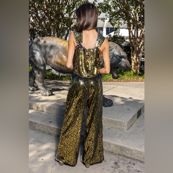 Queen of Sparkles GOLD & BLACK SEQUIN TIGER FEATHER TANK - Picture 4 of 4